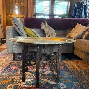 Vintage Brass Tray Table with Folding Wood Base, Large Retro Moroccan boho
